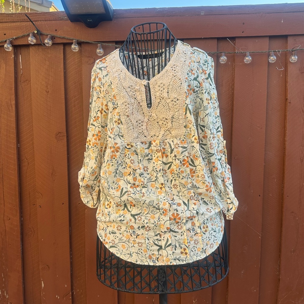Zara Cream Floral Tunic with Crochet Yoke